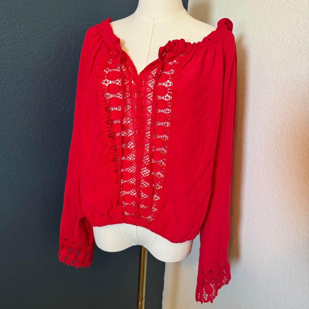 Boho Western Crochet Lace Peasant Top Wrangler Retro XL Red